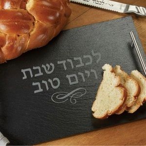 Slate Challah‎ Serving Tray With Zinc Silver Handles